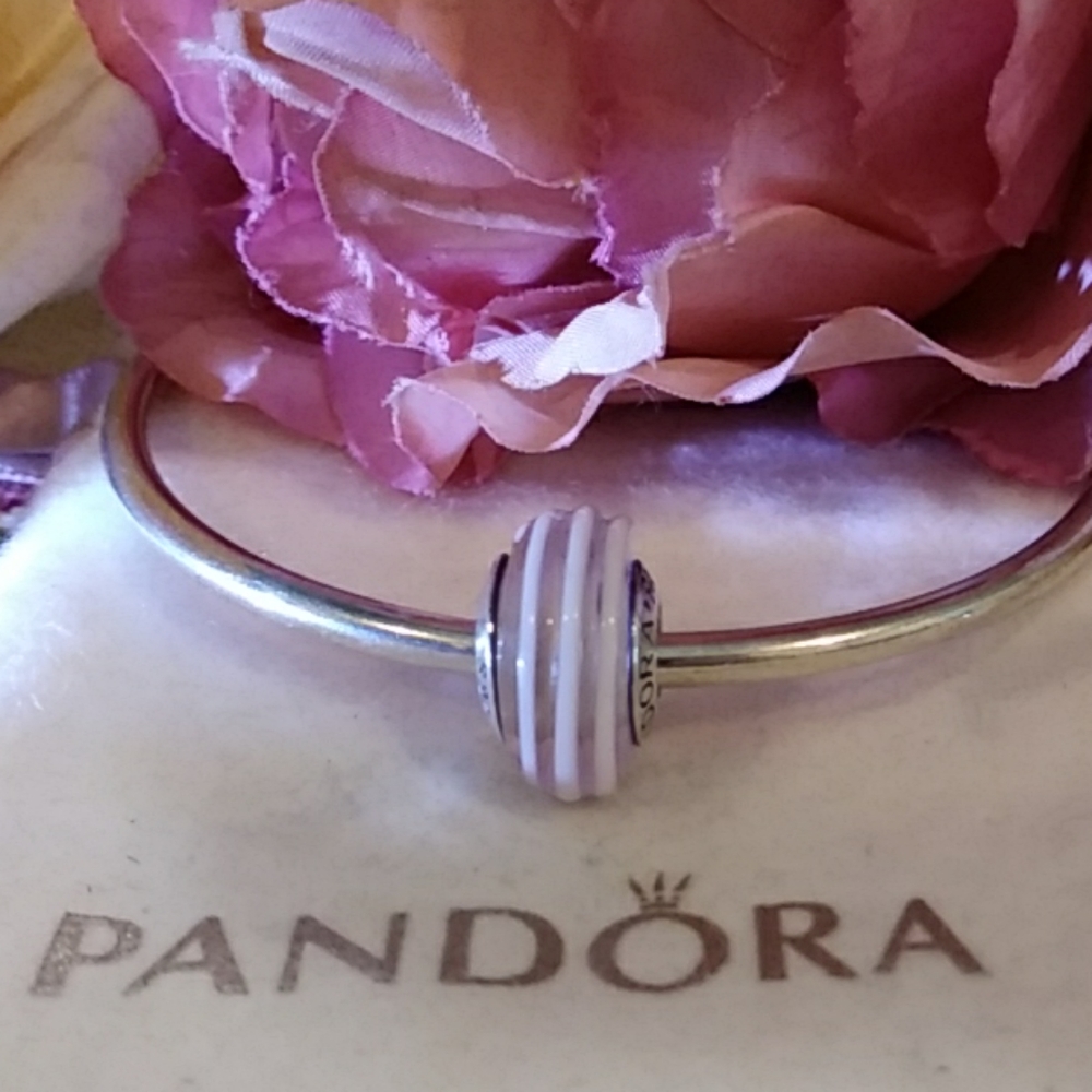 Pandora Lite Pink Glass Murano W/white Striping